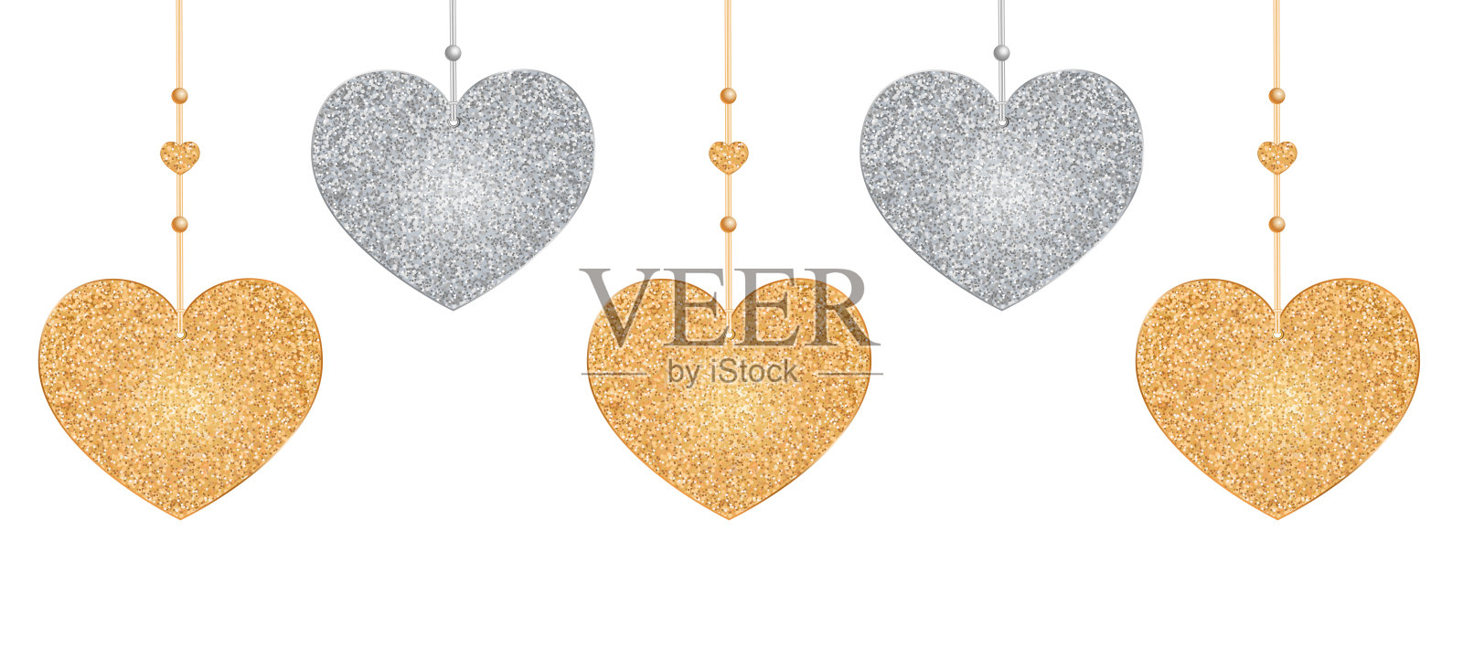 金银挂着闪闪发光的心。插画图片素材