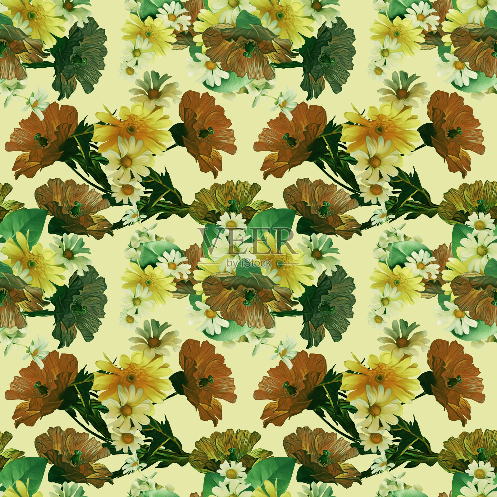 罂粟与洋甘菊，无缝图案。插画图片素材