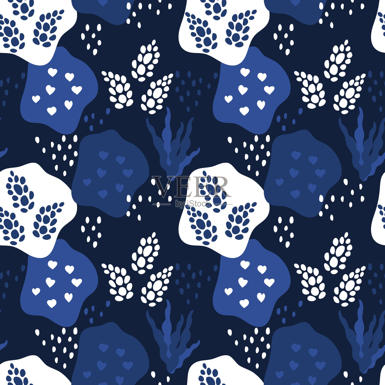 无缝模式。抽象的斑点和花卉元素，拼贴。抽象的自然背景在趋势颜色。插画图片素材