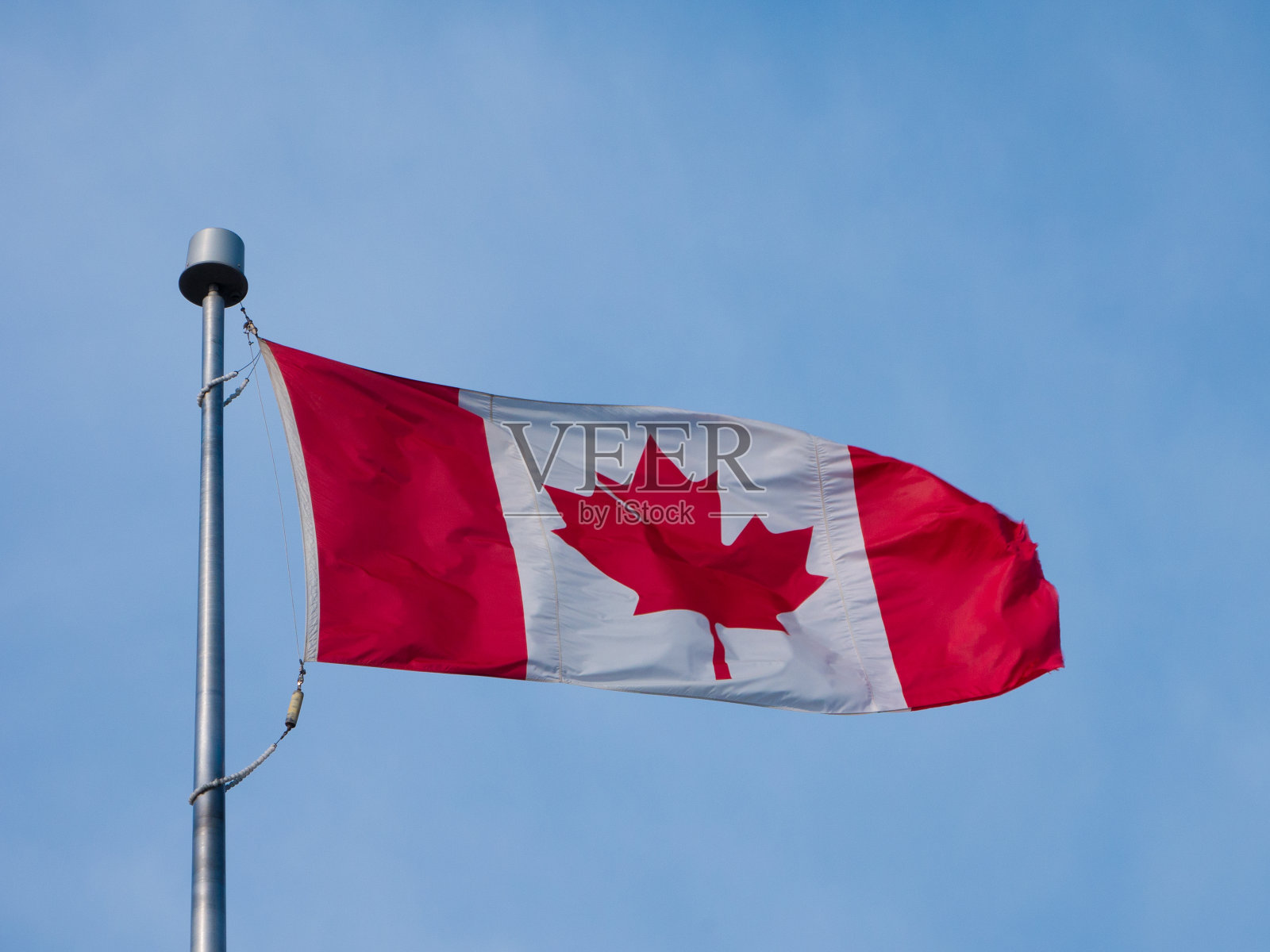 蓝天背景上飘扬的加拿大国旗照片摄影图片