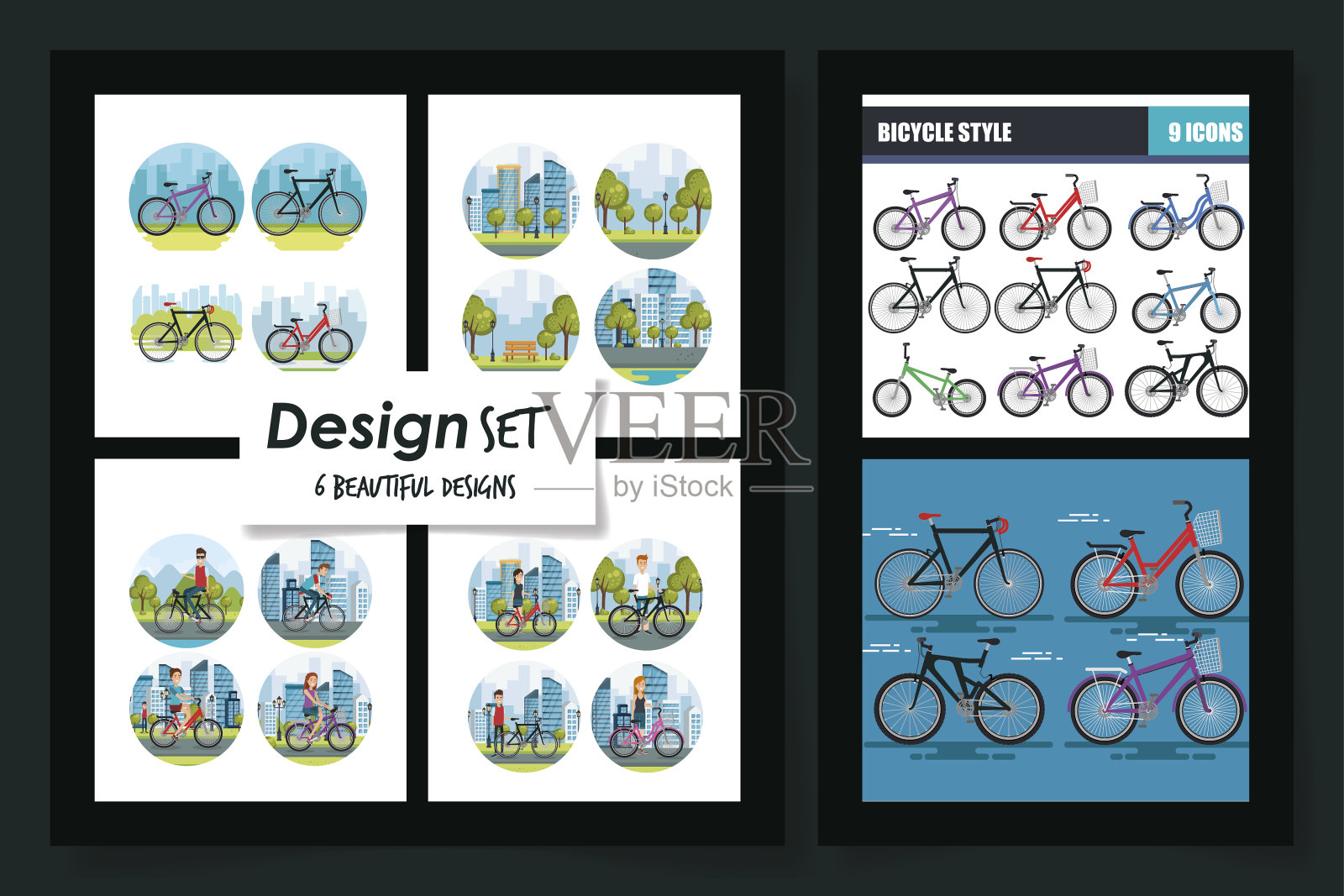 六个设计的年轻人的场景和自行车设计模板素材