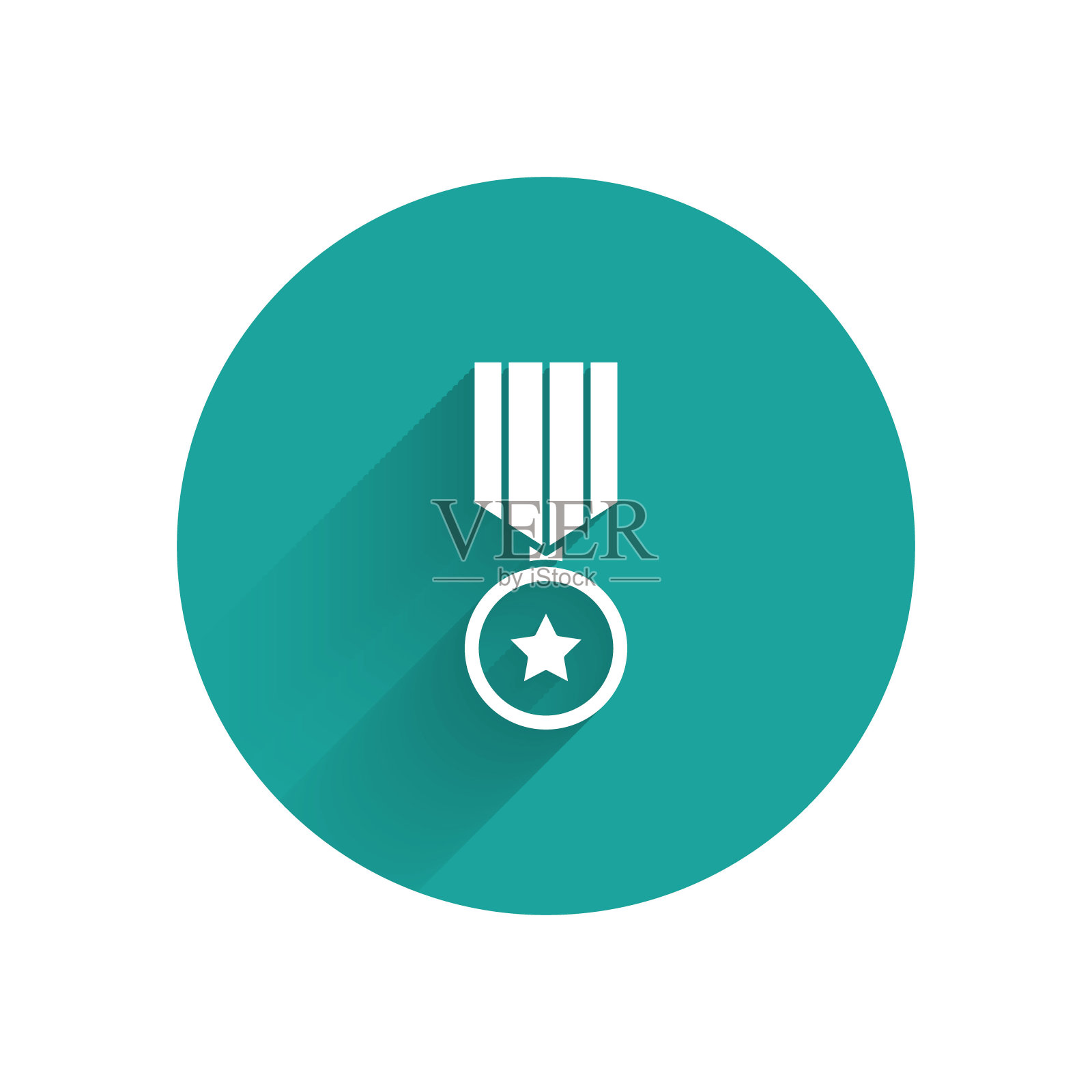 白色军事奖励奖章图标孤立与长影子。军队的迹象。绿色圆圈按钮。矢量图插画图片素材