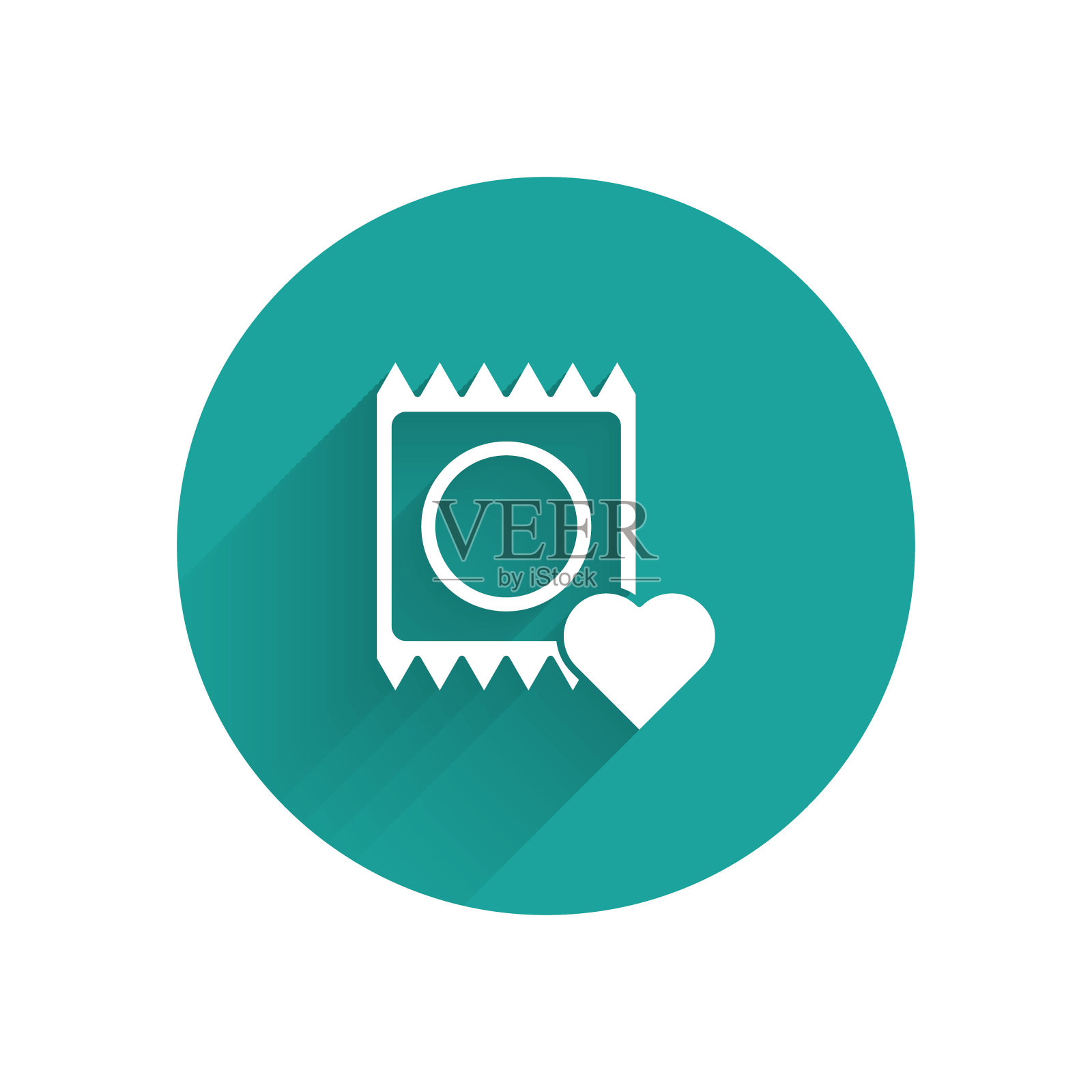 包装上的白色避孕套图标与长阴影隔离。安全的爱的象征。男性避孕方法。绿色圆圈按钮。矢量图插画图片素材