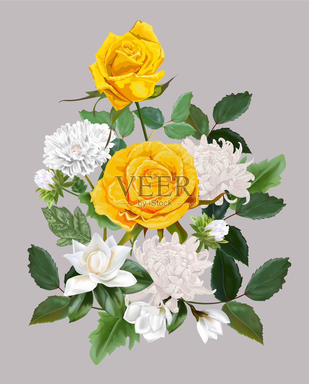 花美丽的花束与黄玫瑰，菊花和木兰插画图片素材