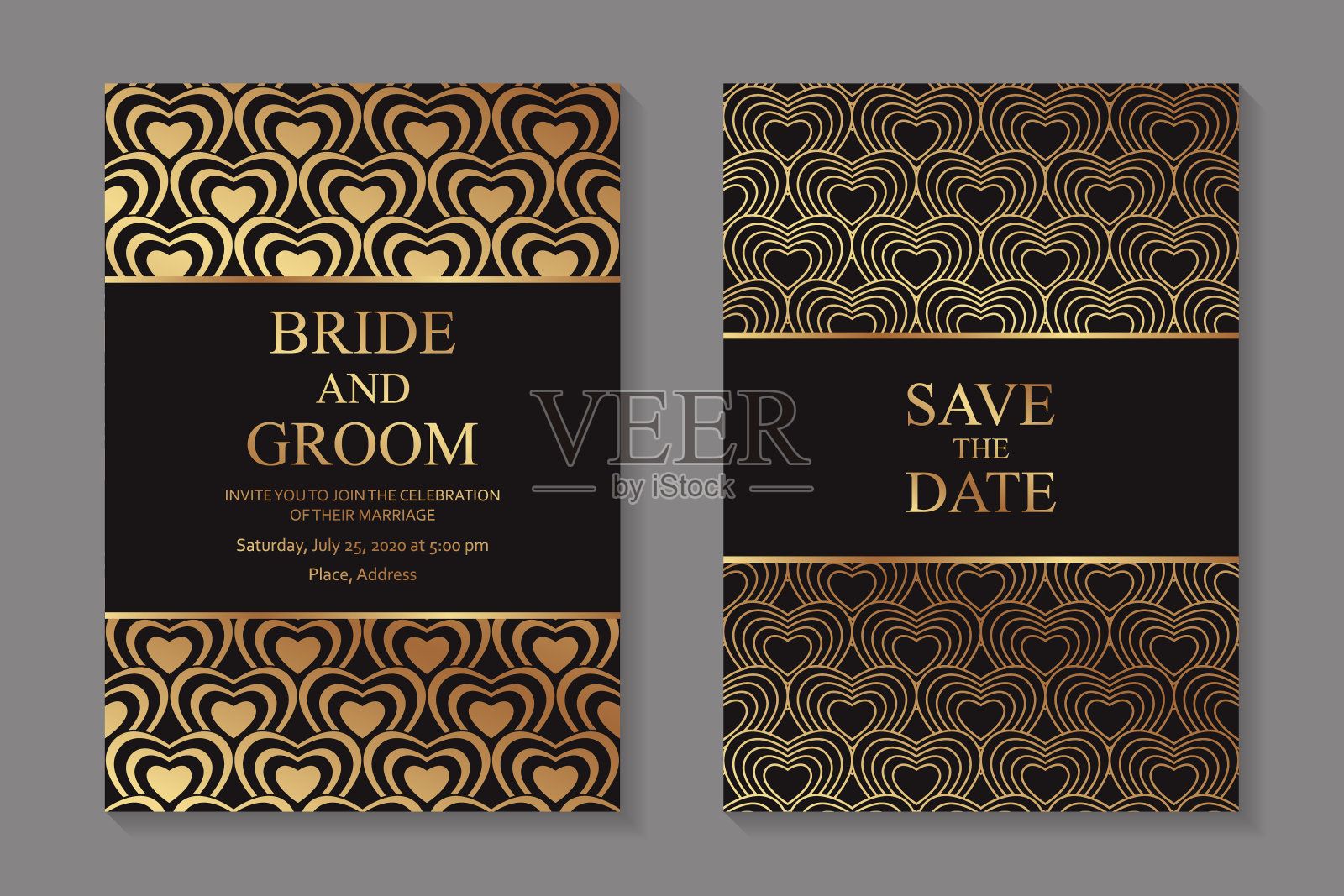 一套现代豪华婚礼邀请设计或情人节卡片模板。设计模板素材