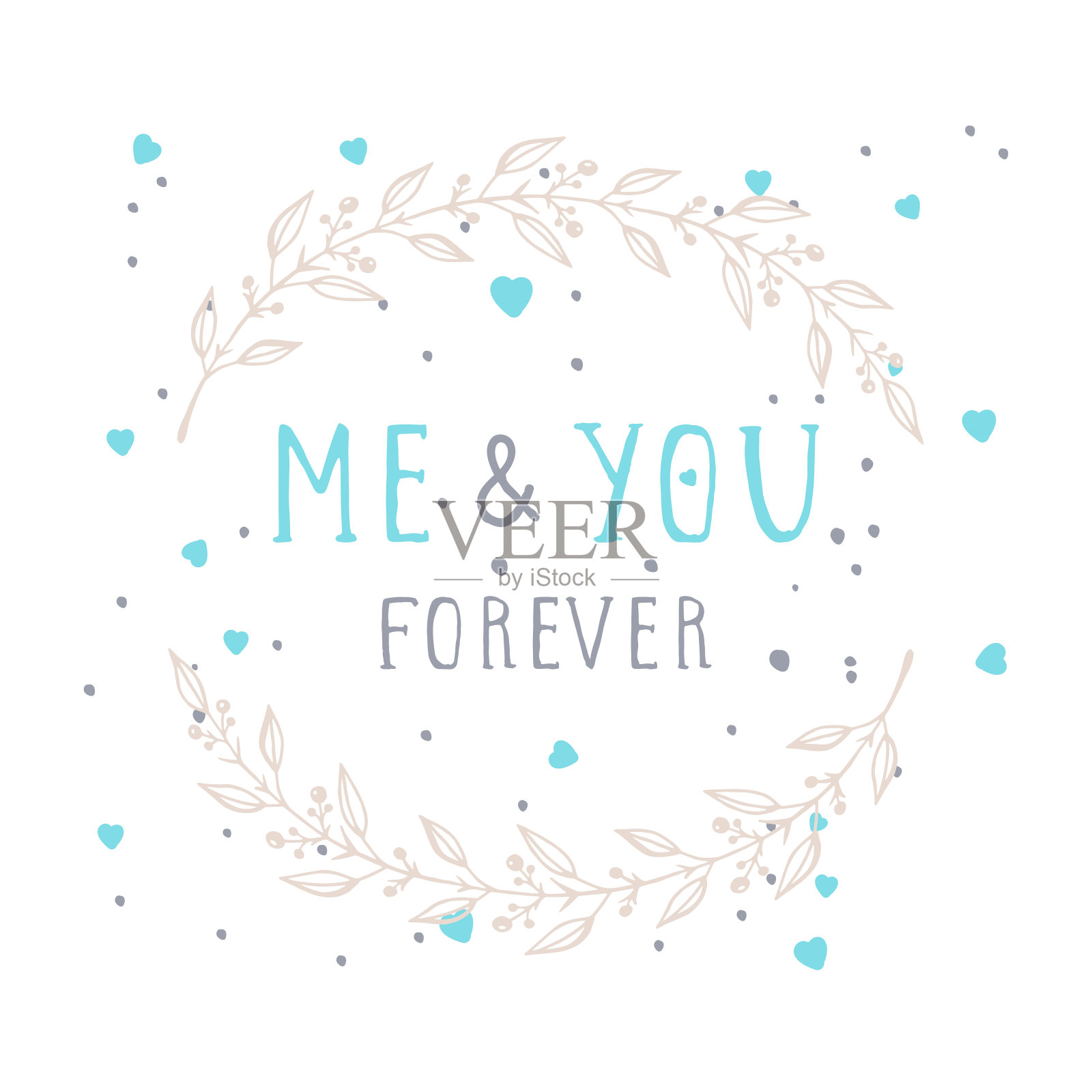 矢量手绘插图的文字我和你永远和花卉圆形框架。插画图片素材