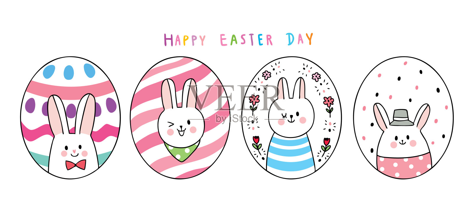 卡通可爱的复活节兔子和五颜六色的鸡蛋向量。插画图片素材