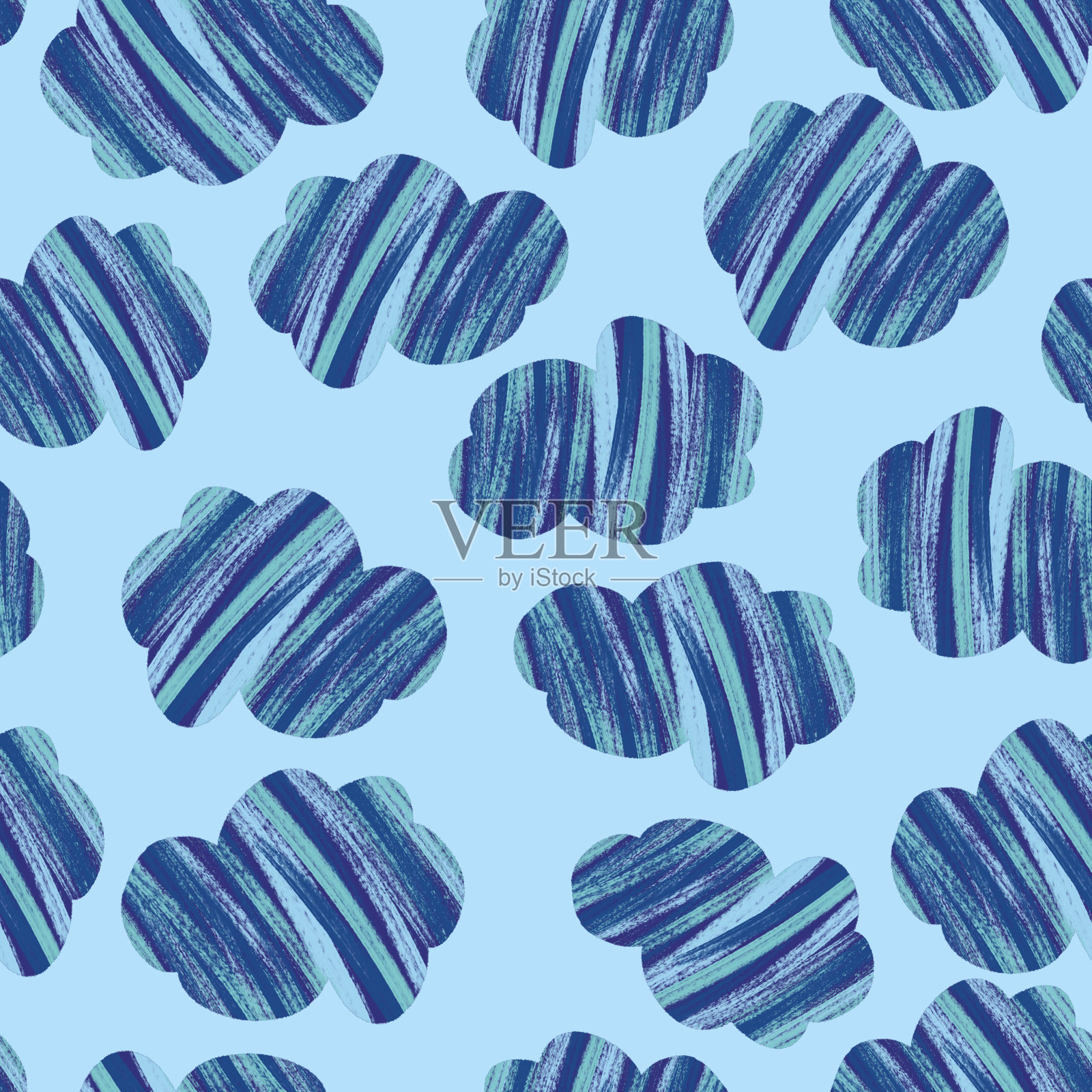 彩云无缝图案。抽象的蓝云重复的背景。拼贴风格。插画图片素材