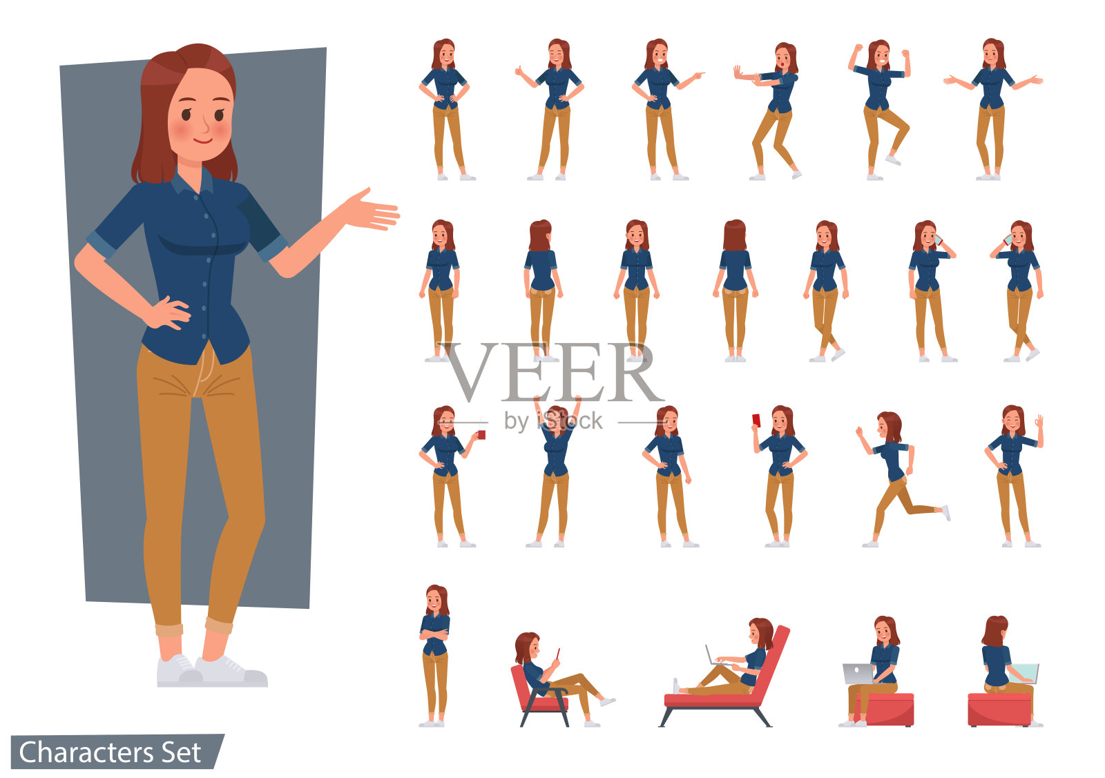 一套女性角色矢量设计。表现在各种带有情绪的动作，跑步，站立和行走。插画图片素材