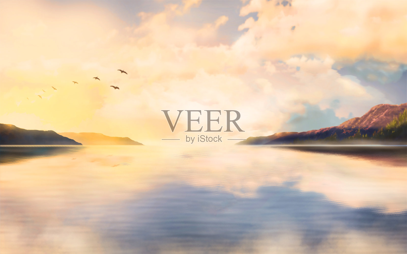 日落时湖面上的景色很美。插画图片素材