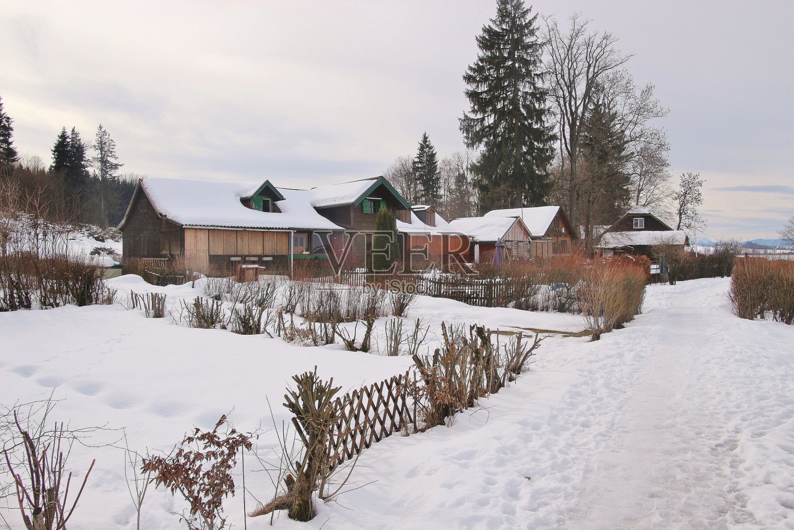 冬季沃勒斯湖岸边的周末小屋。奥地利。照片摄影图片