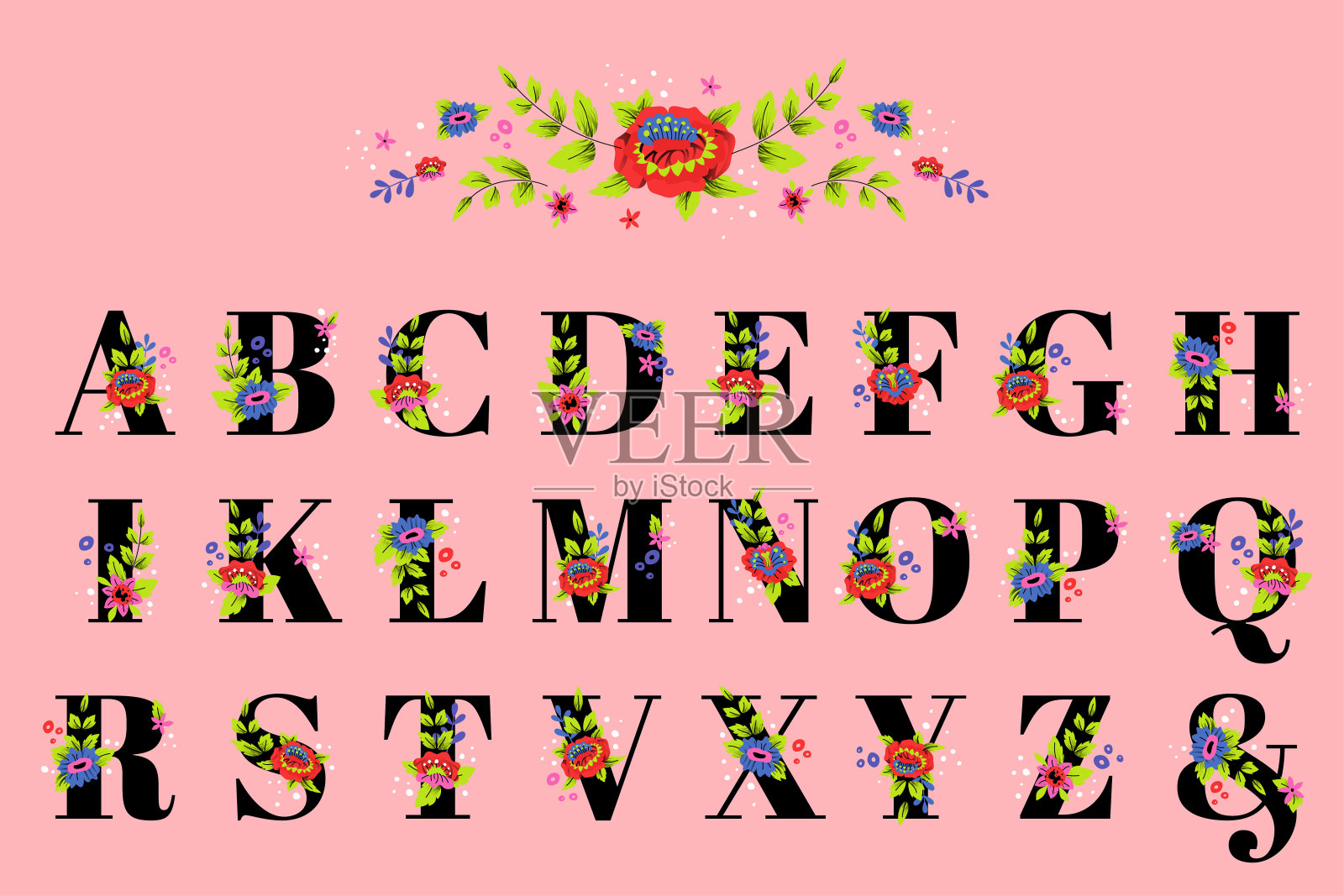 黑色字母与花卉元素插画图片素材