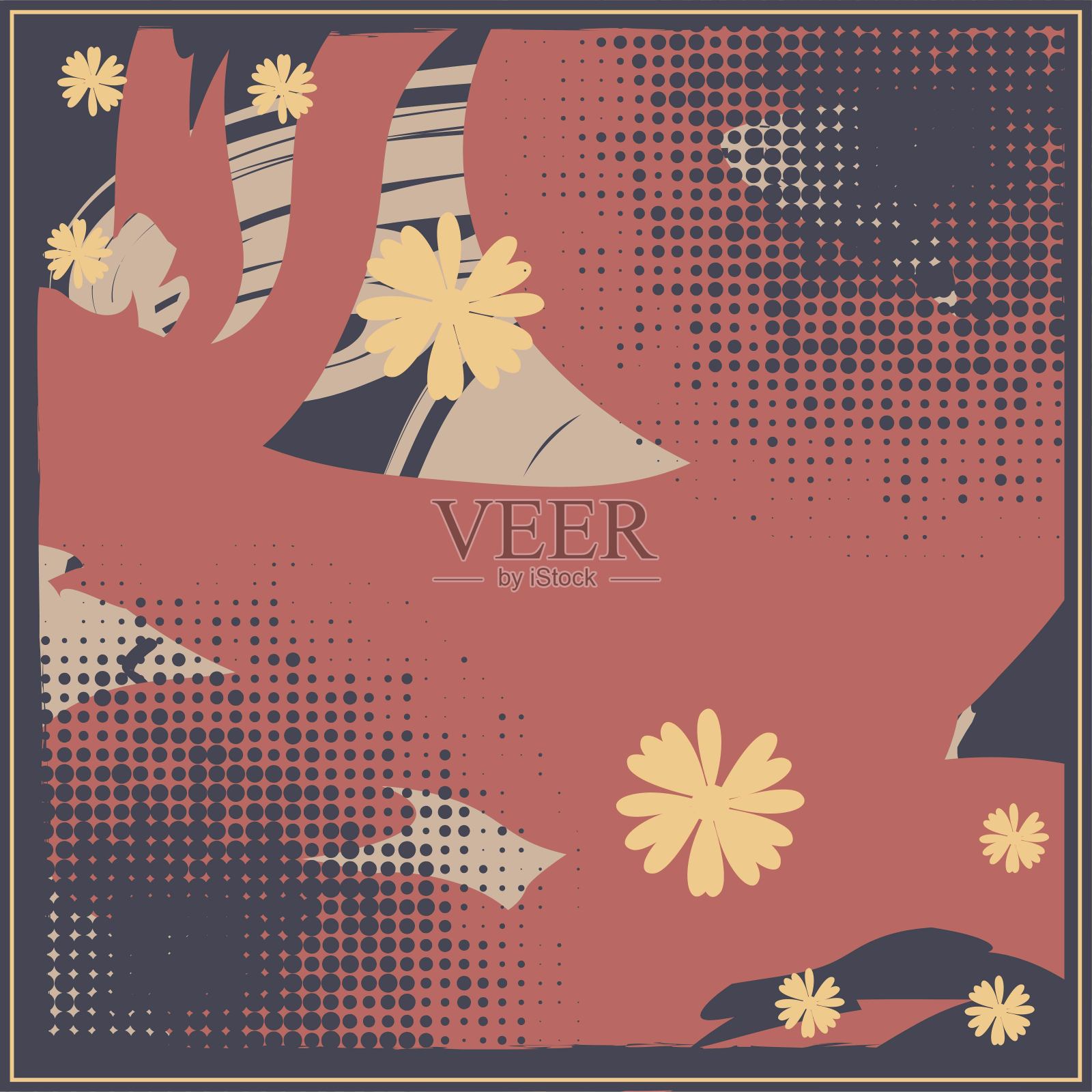 抽象的头巾和毛毯的围巾图案设计。希贾布围巾用喷墨刷和叶子印刷制作。插画图片素材