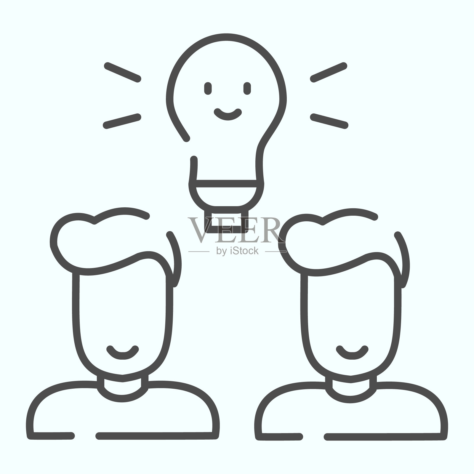 点子灯细线图标。灯泡和两个人矢量插图孤立在白色上。创意灯泡轮廓风格设计，适用于网页和应用。Eps 10。插画图片素材