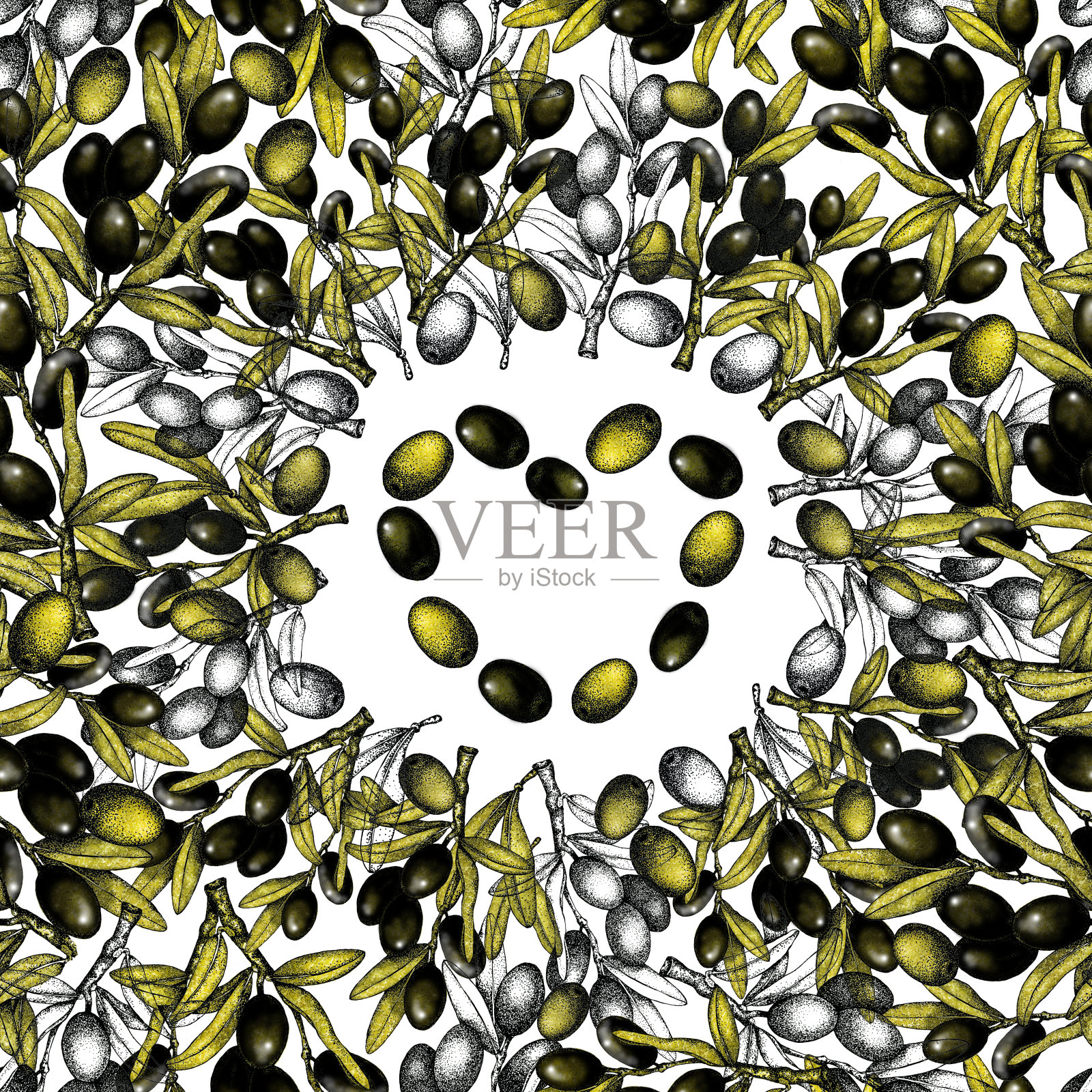 无缝模式与插图的黑色和绿色橄榄在白色的背景与小枝和树叶。设计用于橄榄油，包装，天然化妆品，保健品，壁纸插画图片素材