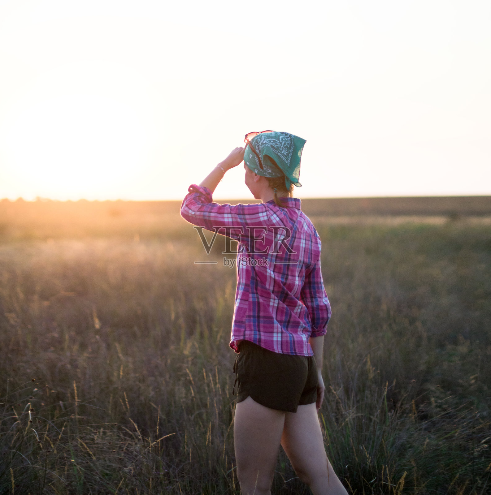 红发乡村女孩在夏季草原看日落照片摄影图片