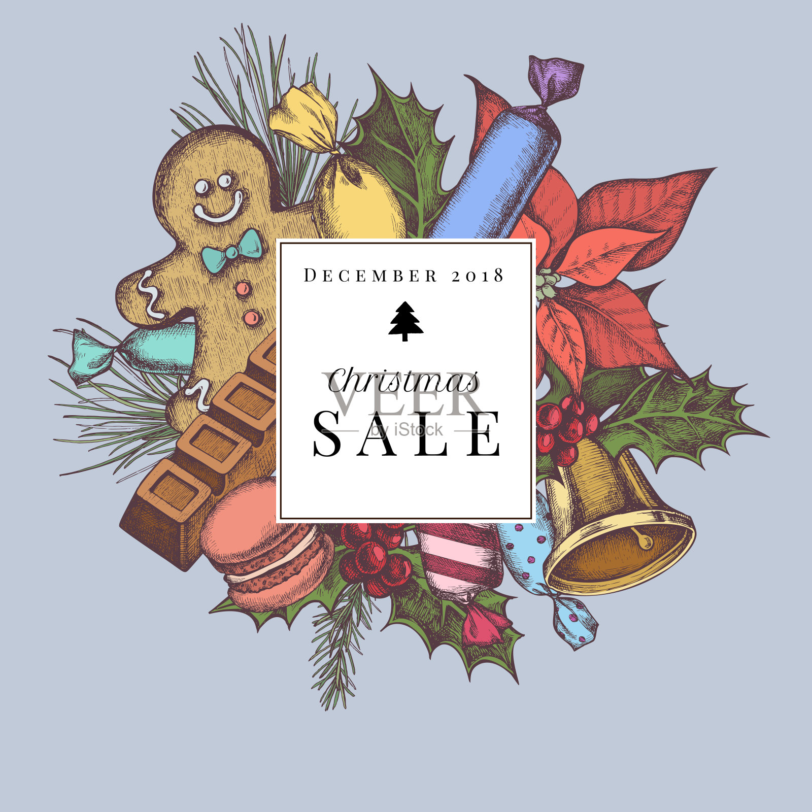 矢量组成与彩色铃铛，姜饼人，酒吧，糖果，一品红，冬青，松树枝，云杉插画图片素材