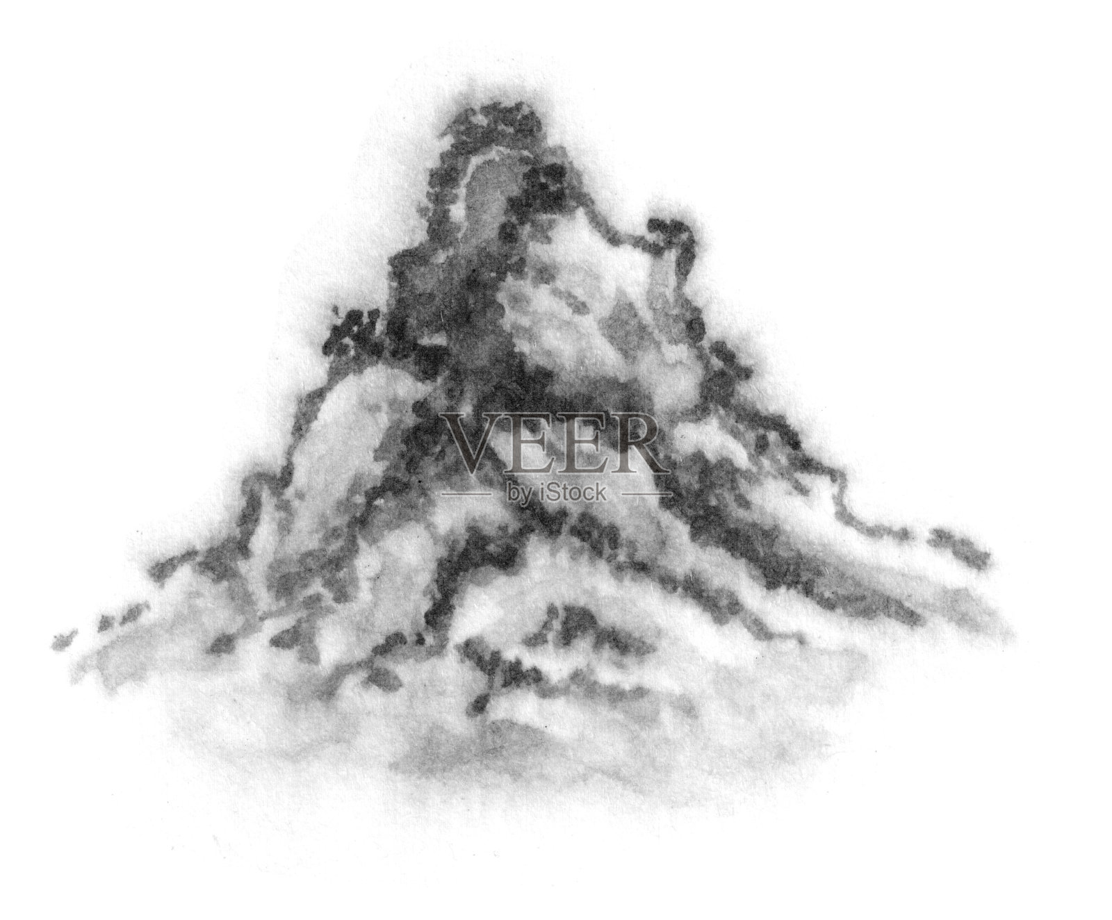 白色背景上的山顶。山峰耸立在雾中。山水一山一水由墨。东方，中国水墨画。毛笔画。插画图片素材