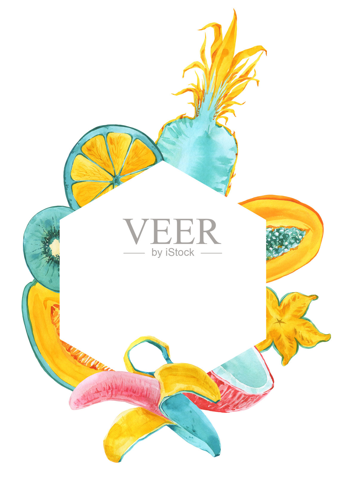 热带水果，六边形框架。时髦的夏天颜色异国水果边界上的白色背景。菠萝、杨桃、杨桃、木瓜、甜瓜、椰子、香蕉圈。蓝色薄荷，黄色的请帖插画图片素材