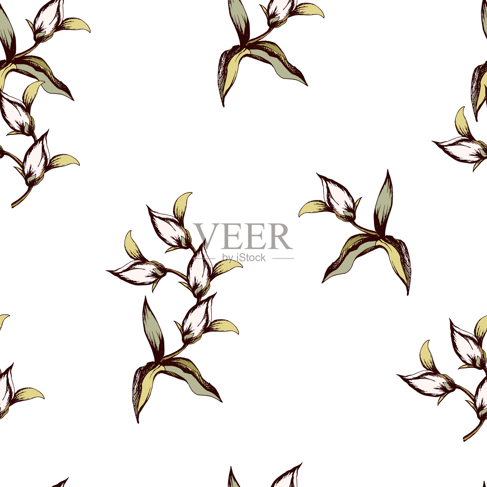 织物、瓷砖、纸张上的花卉图案。矢量手绘插图上的白色背景。无缝的点缀。插画图片素材