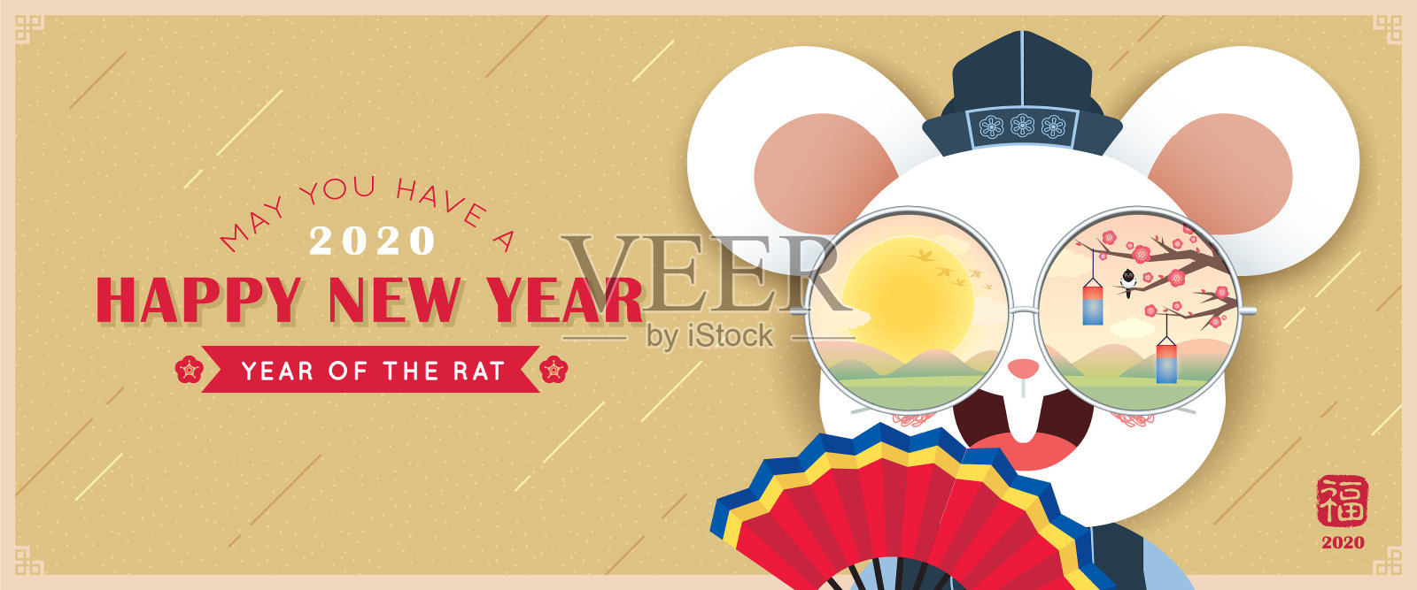 2020年韩国新年(Seollal)——卡通老鼠戴着圆圆的反光太阳镜，拿着扇子设计模板素材