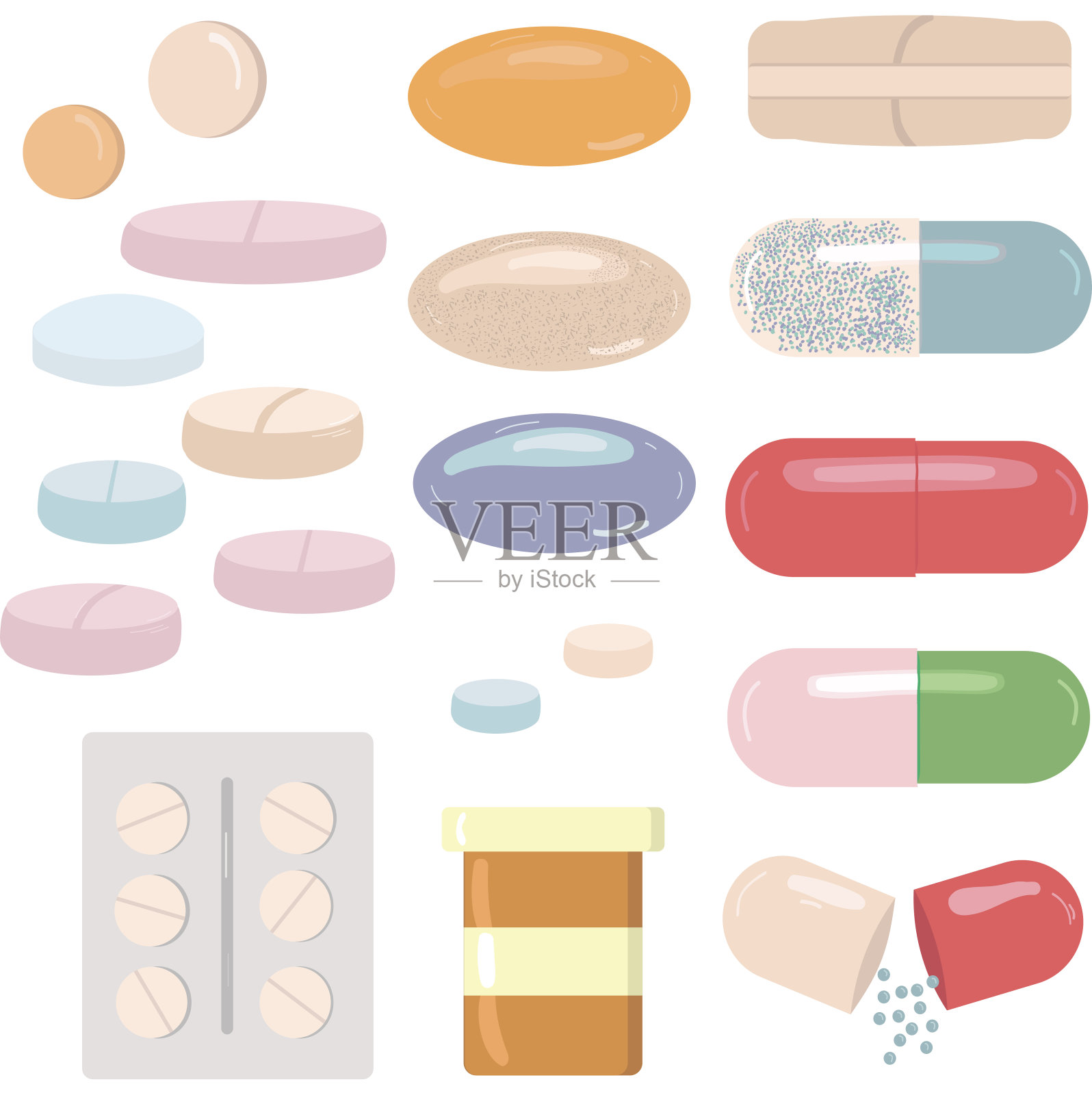 一套不同的药片和药丸。插画图片素材