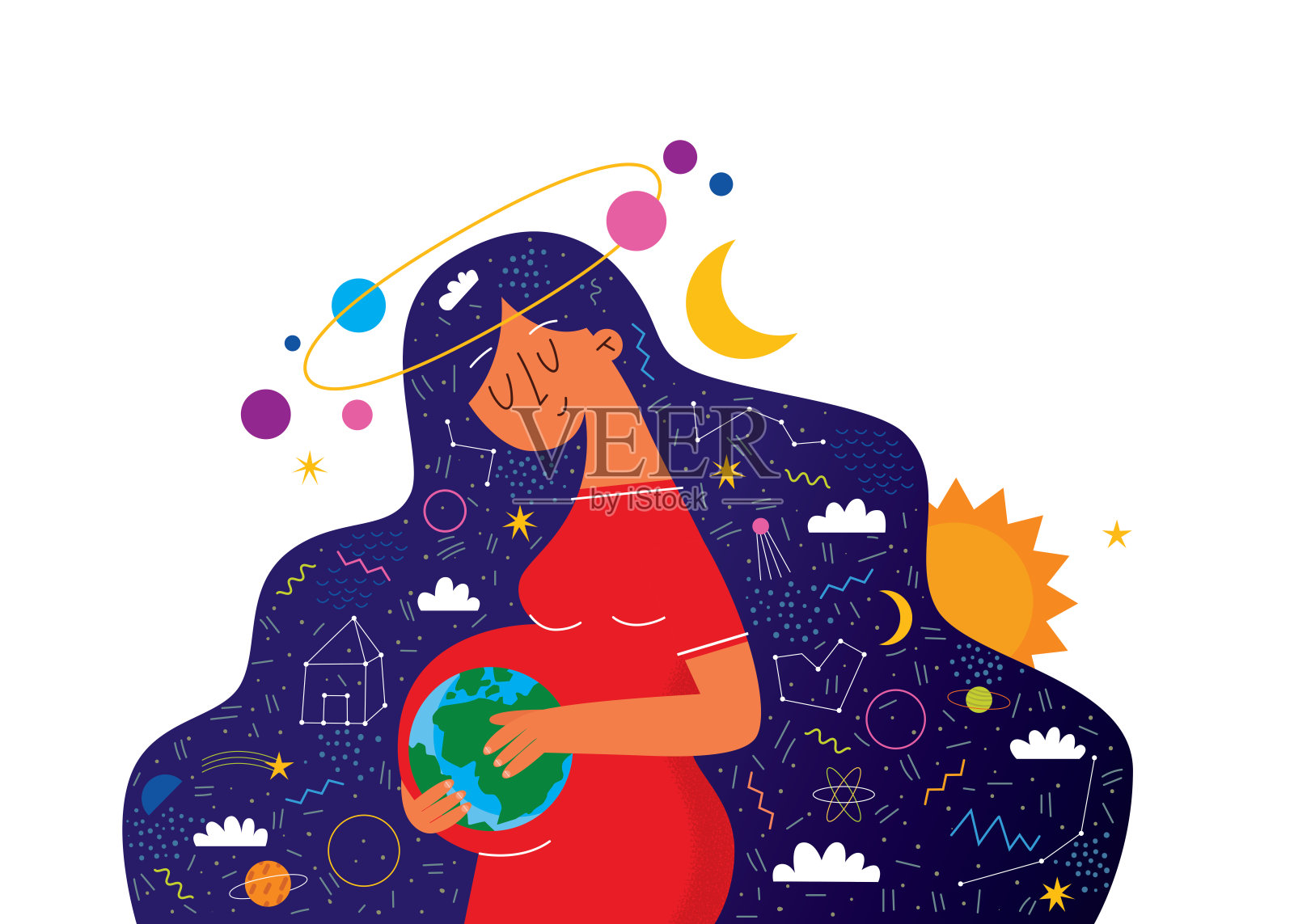 怀孕快乐，可爱孕妇。矢量插图的妇女期待一个婴儿和空间。平面卡通矢量插图设计元素图片