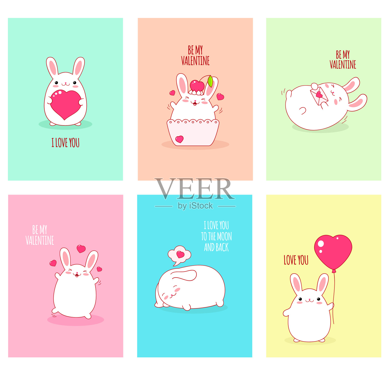 一套可爱的情人节贴纸与兔子在卡哇伊风格插画图片素材