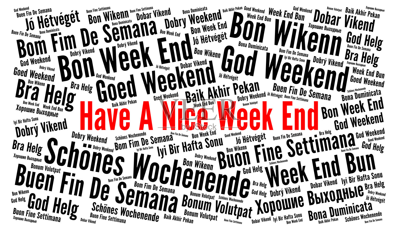 在不同语言的单词云中度过一个愉快的周末插画图片素材