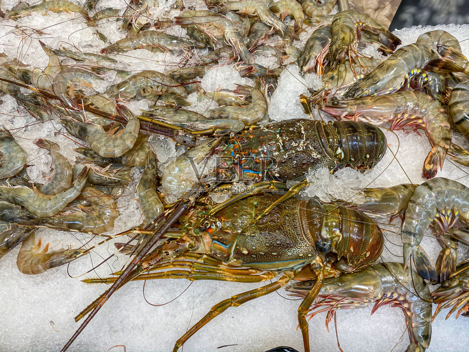 冷冻小龙虾和小虾在超市的海鲜摊位出售照片摄影图片
