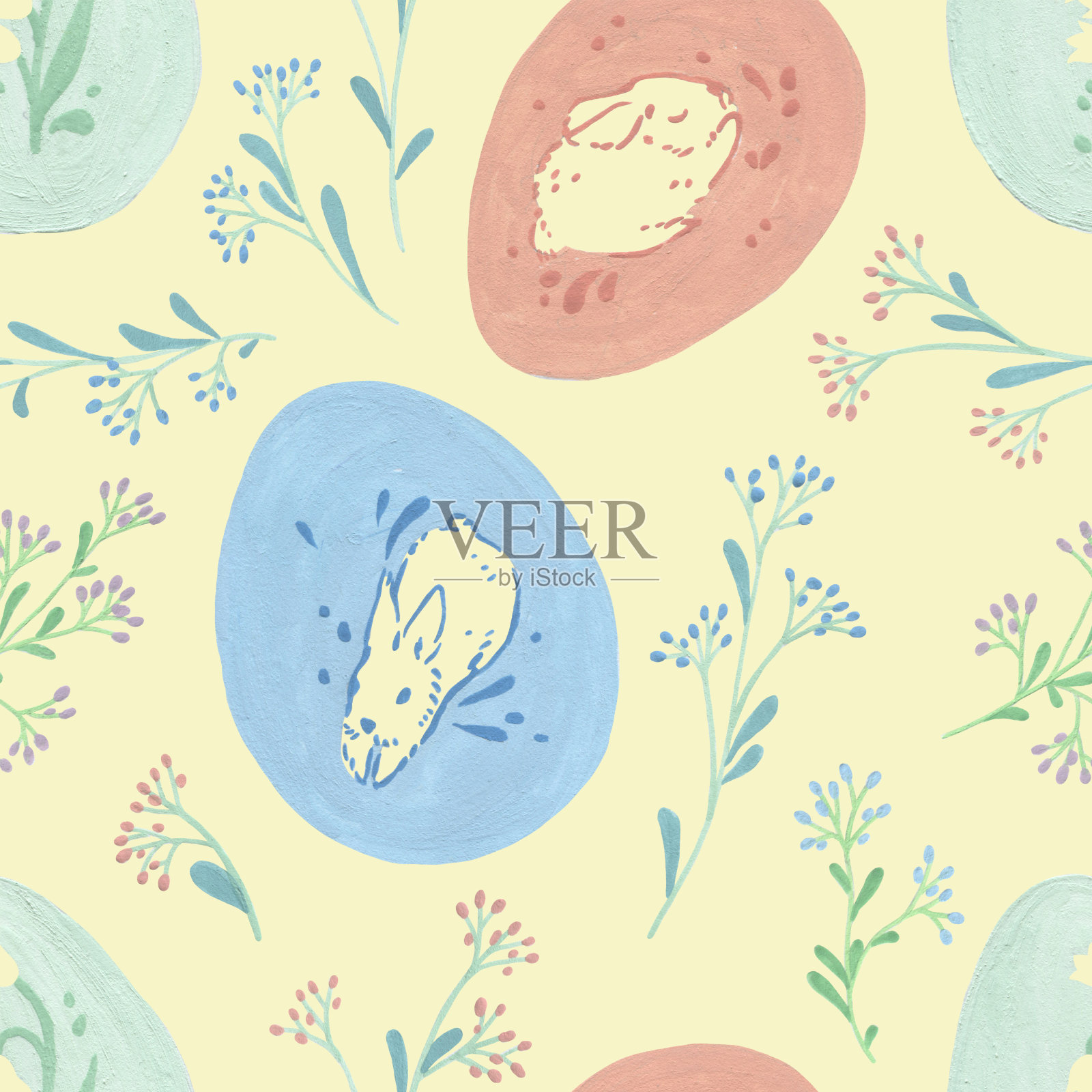 复活节彩蛋背景快乐。复活节的兔子。黄色复活节彩蛋无缝图案。插画图片素材