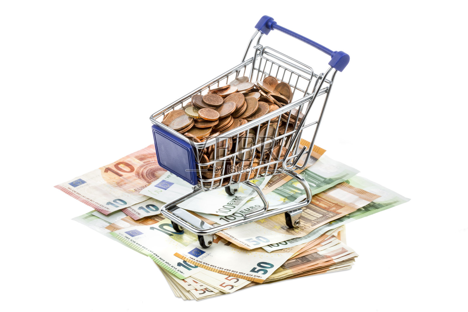 购物车与欧元钞票和硬币照片摄影图片