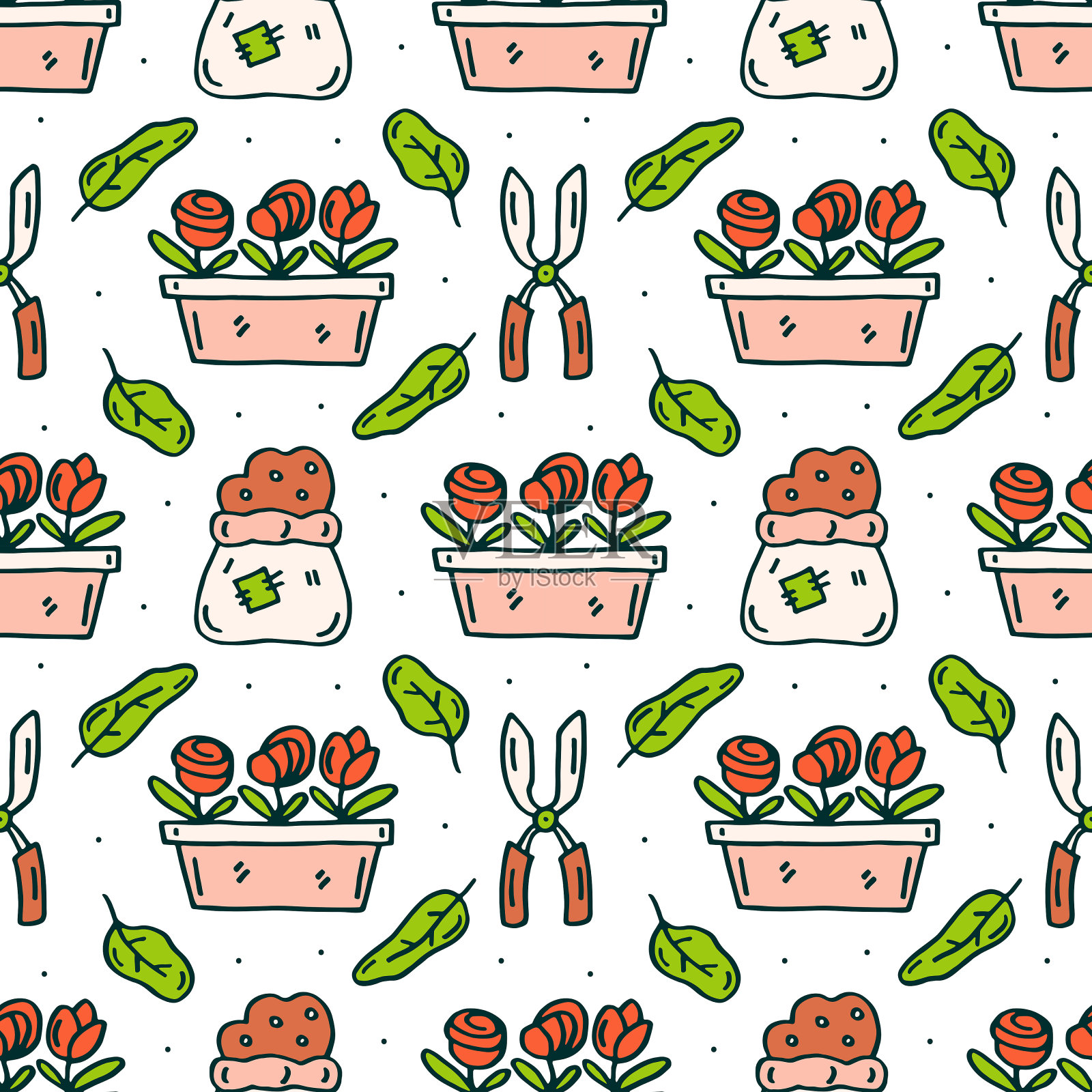园林工具、花盆和花卉矢量涂鸦手绘无缝图案插画图片素材