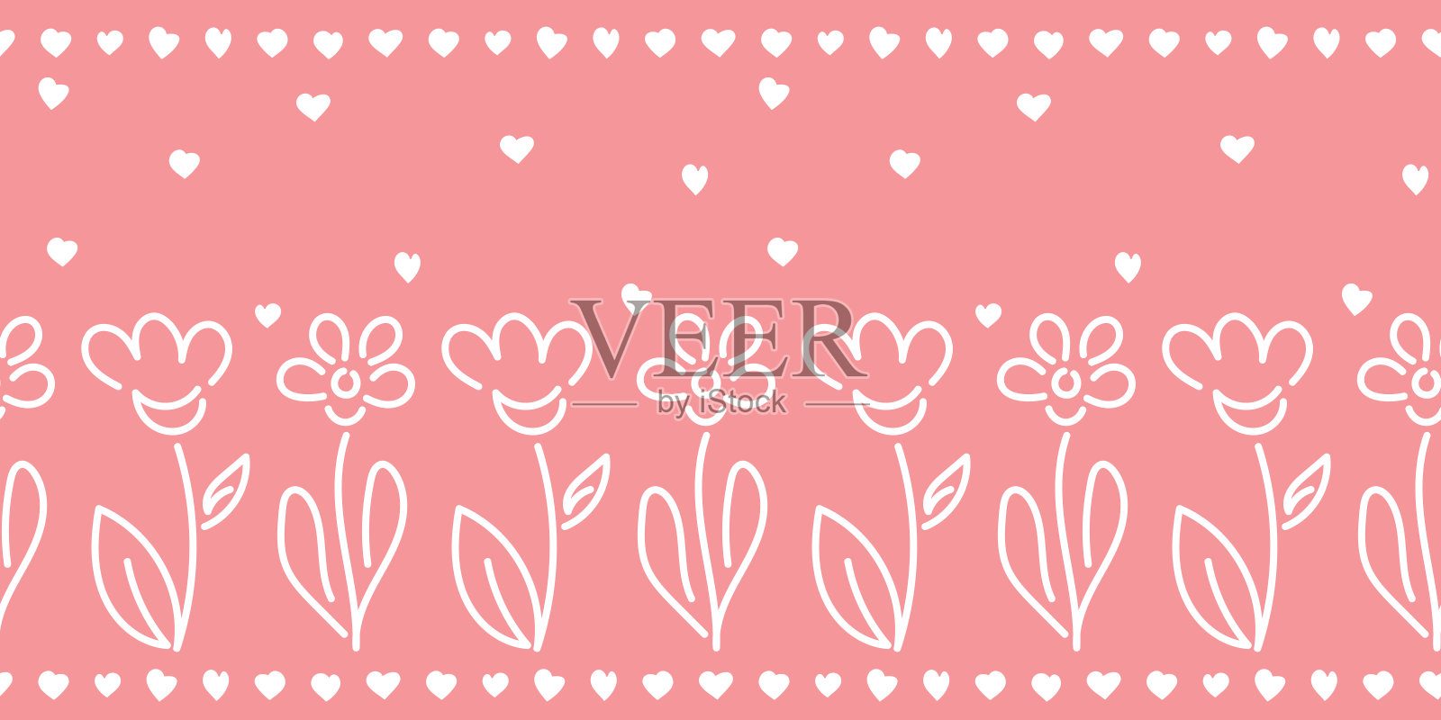 简单轮廓手绘花卉无缝边框。粉色和白色的。插画图片素材