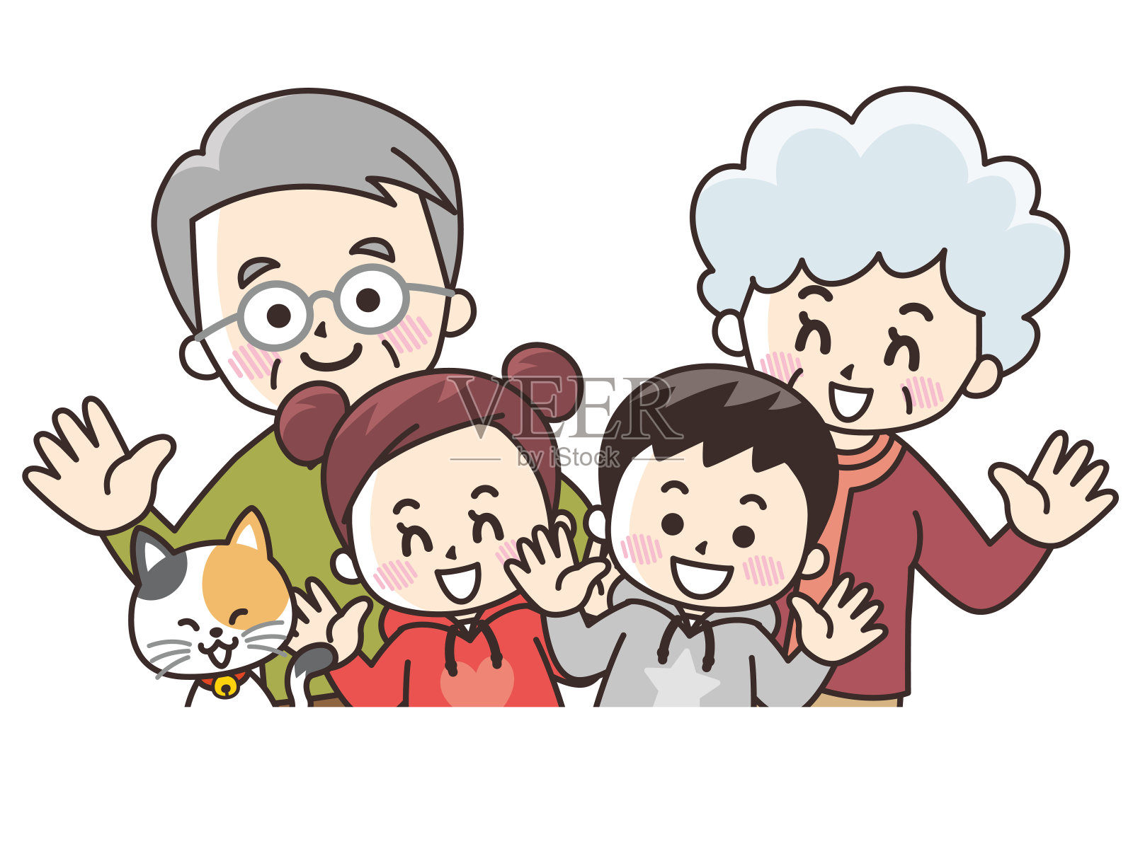 祖父母，孙子和猫插画图片素材