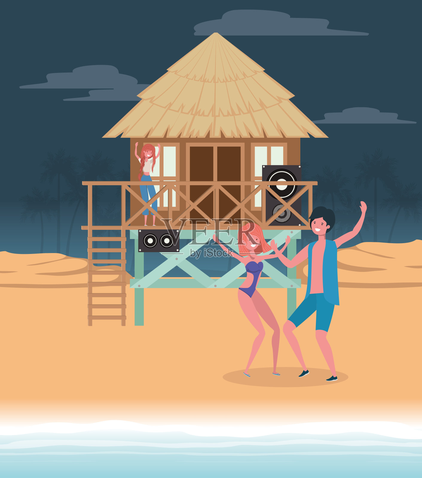 男孩和女孩穿着泳装在沙滩上跳舞设计插画图片素材