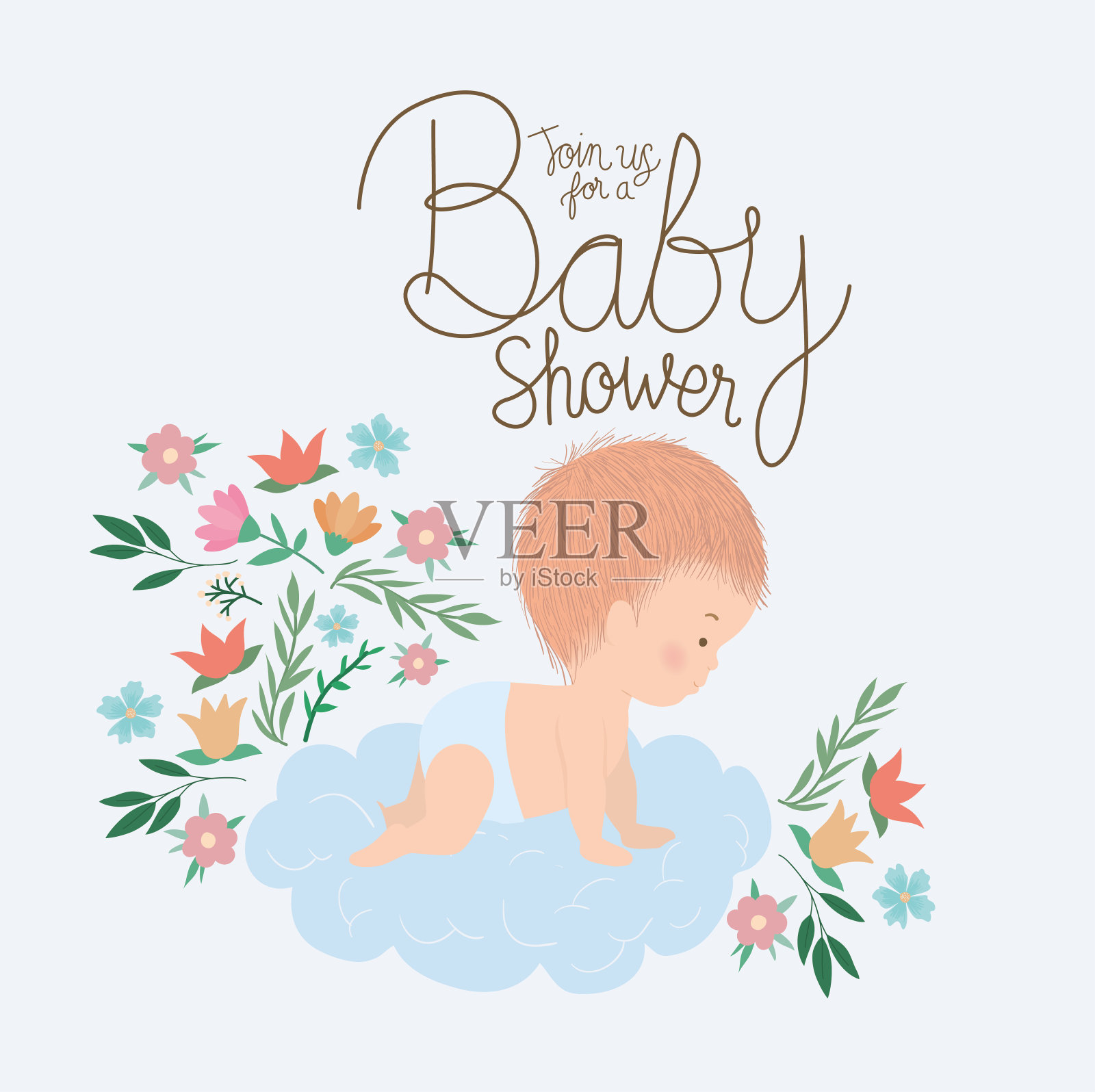 宝宝派对邀请与可爱的宝宝卡通矢量设计插画图片素材