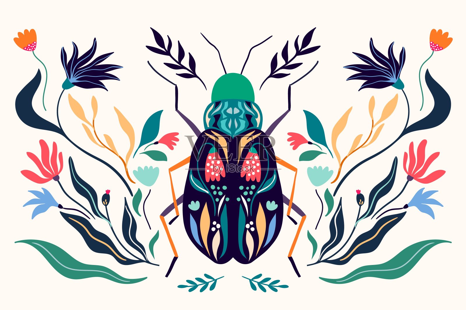 装饰海报/横幅上有昆虫、花卉和植物插画图片素材