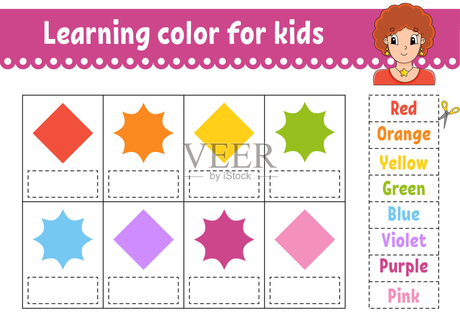 为孩子们学习颜色。教育发展工作表。活动页与彩色图片。漂亮的女孩。儿童谜语。孤立的矢量图。有趣的角色。卡通风格。插画图片素材