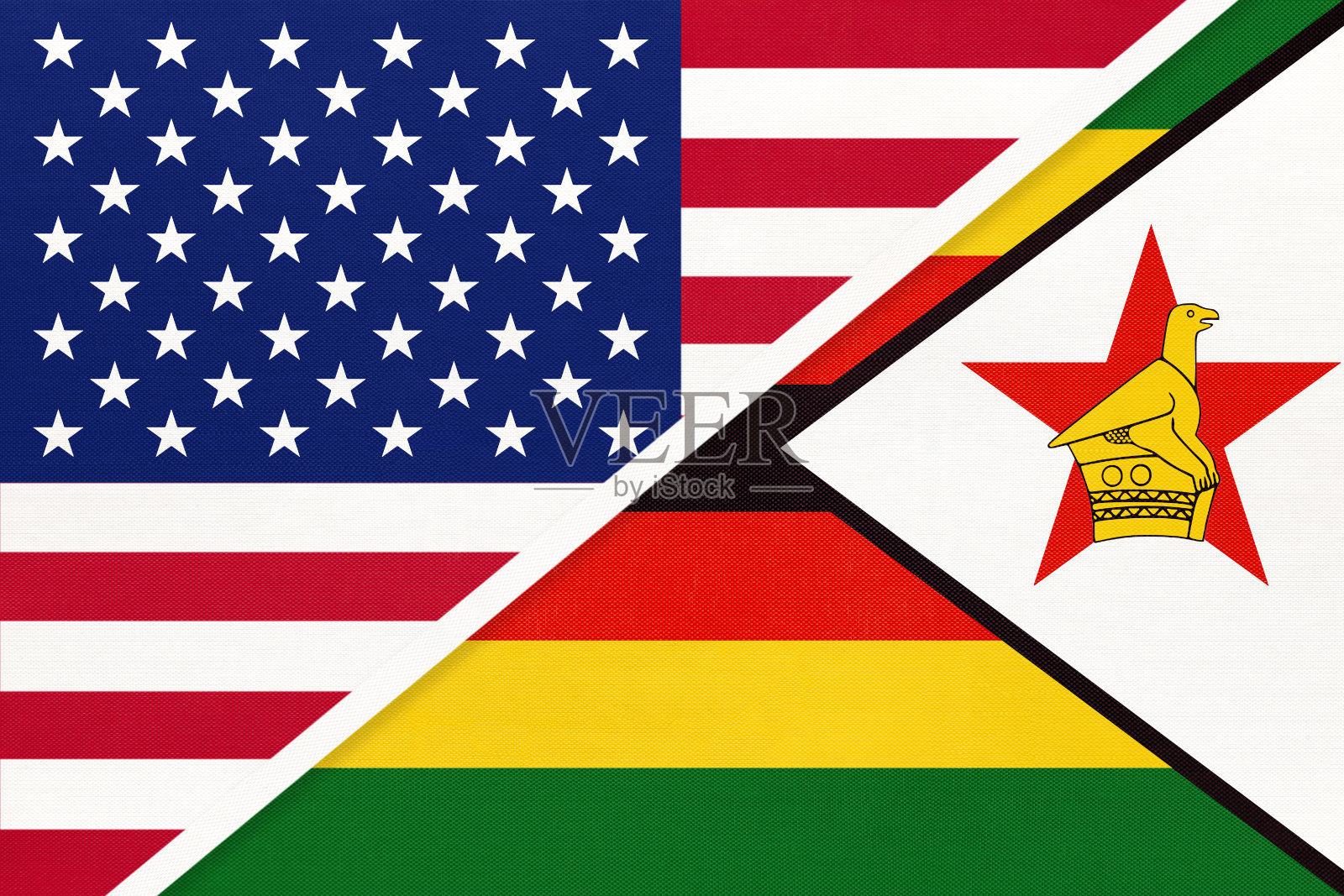 美国vs津巴布韦的纺织品国旗。两个美国和非洲国家之间的关系。插画图片素材