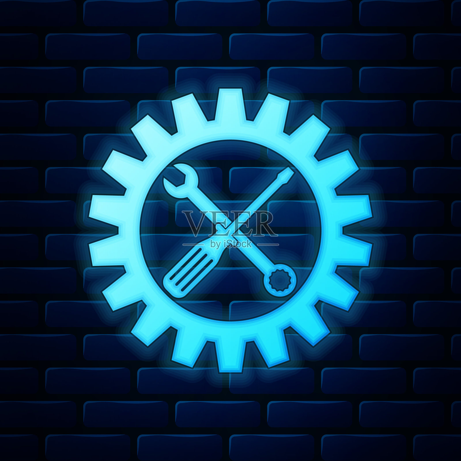 霓虹灯维护符号-螺丝刀，扳手和齿轮图标隔离在砖墙的背景上。服务工具的象征。设置图标。矢量图插画图片素材