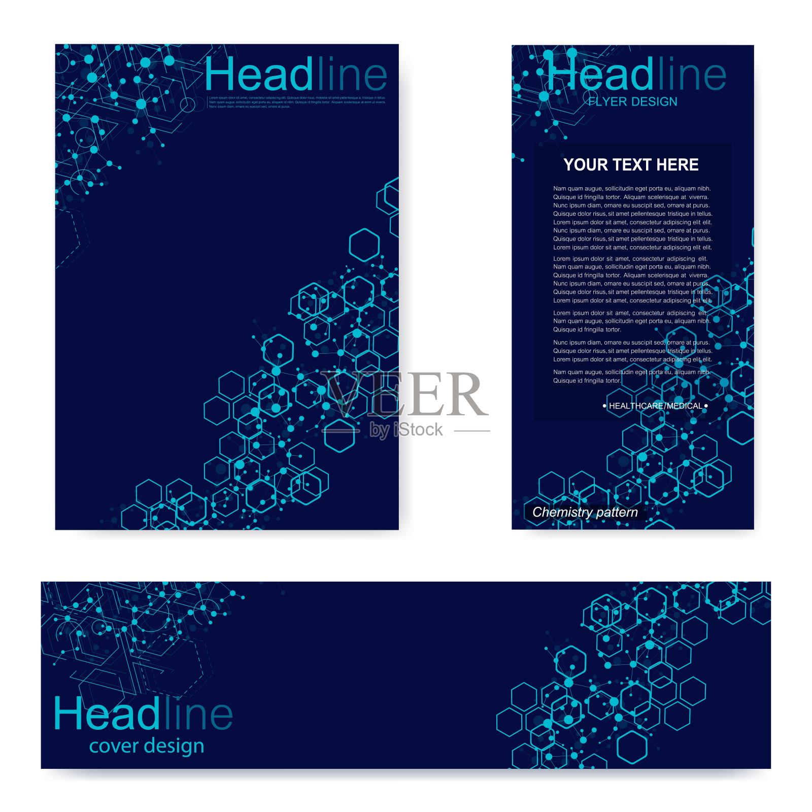 设置传单，宣传册大小A4模板，横幅。分子结构，有连接的线和点。科学图案原子DNA与元素为杂志，传单，封面，海报设计。设计模板素材