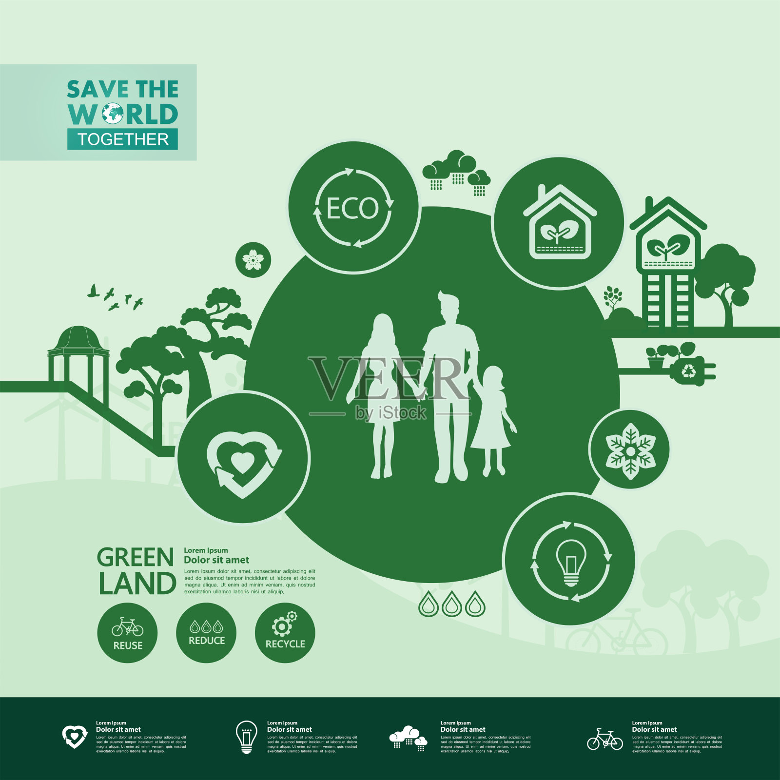 一起拯救世界绿色生态矢量插图。插画图片素材