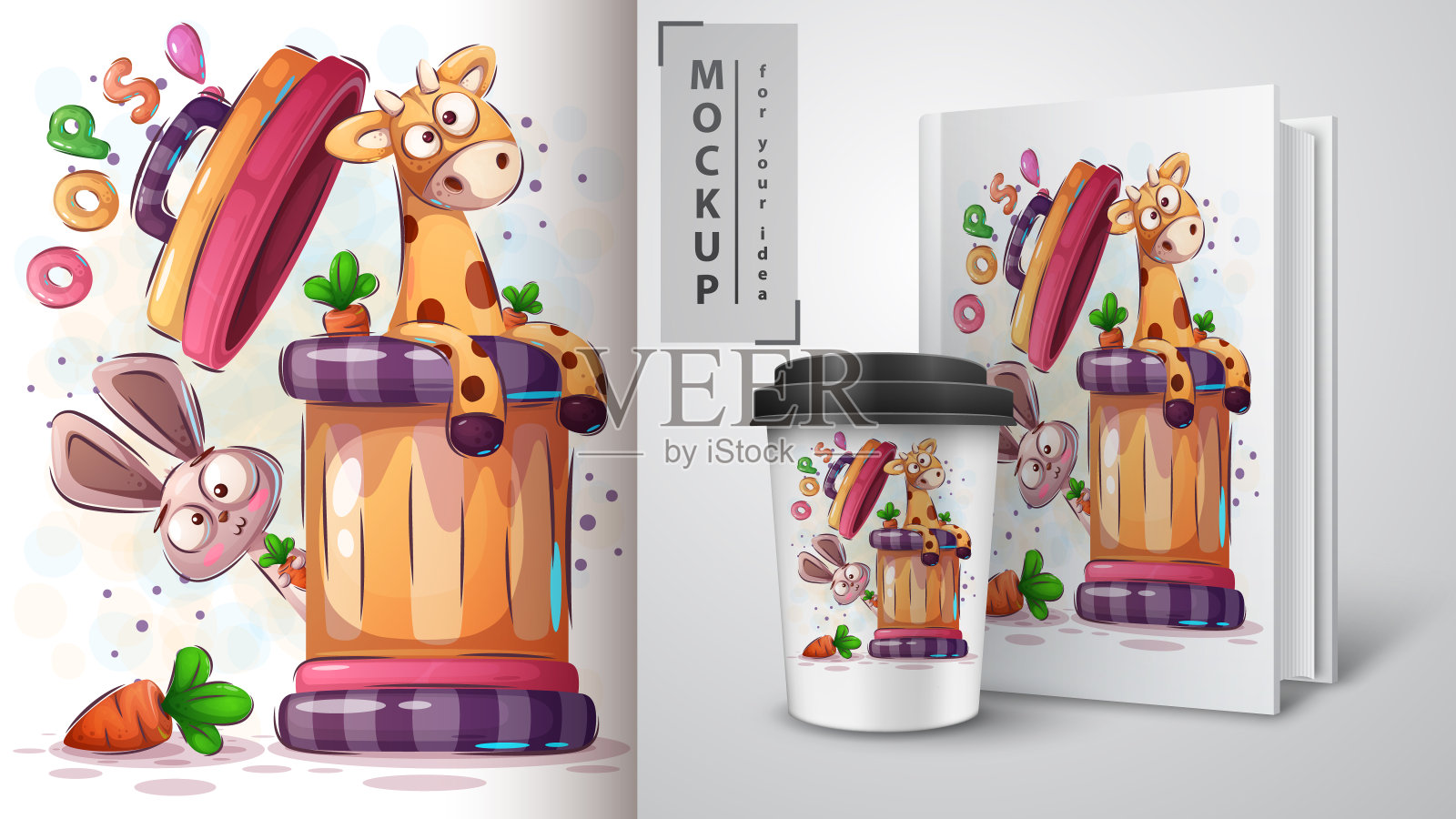 长颈鹿，兔子海报和商品插画图片素材