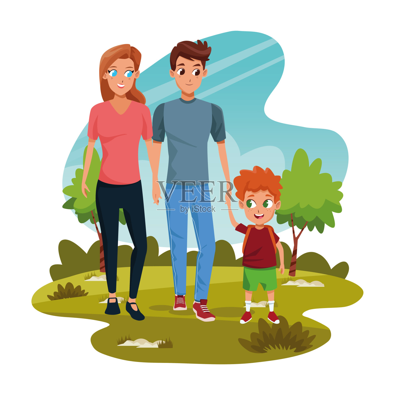 一对幸福的夫妇和一个男孩在公园里插画图片素材