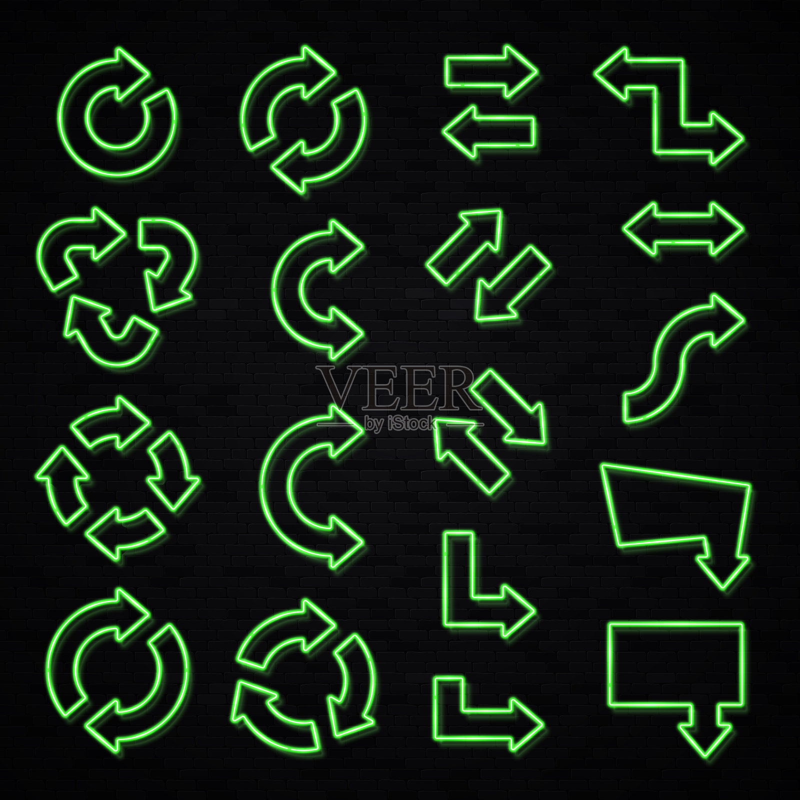 霓虹灯箭头标志设置在黑色砖墙的背景。夜条灯方向指针符号。复古绿色发光电气设计元素。圆形循环箭头明亮的照明矢量插图设计元素图片