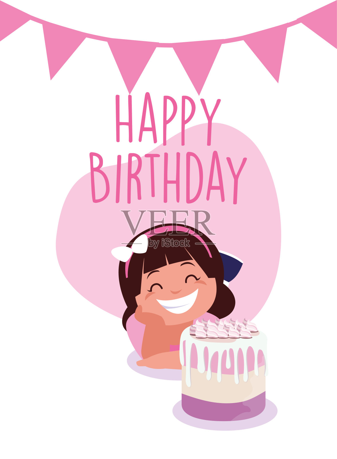 女孩卡通与快乐生日蛋糕矢量设计设计模板素材