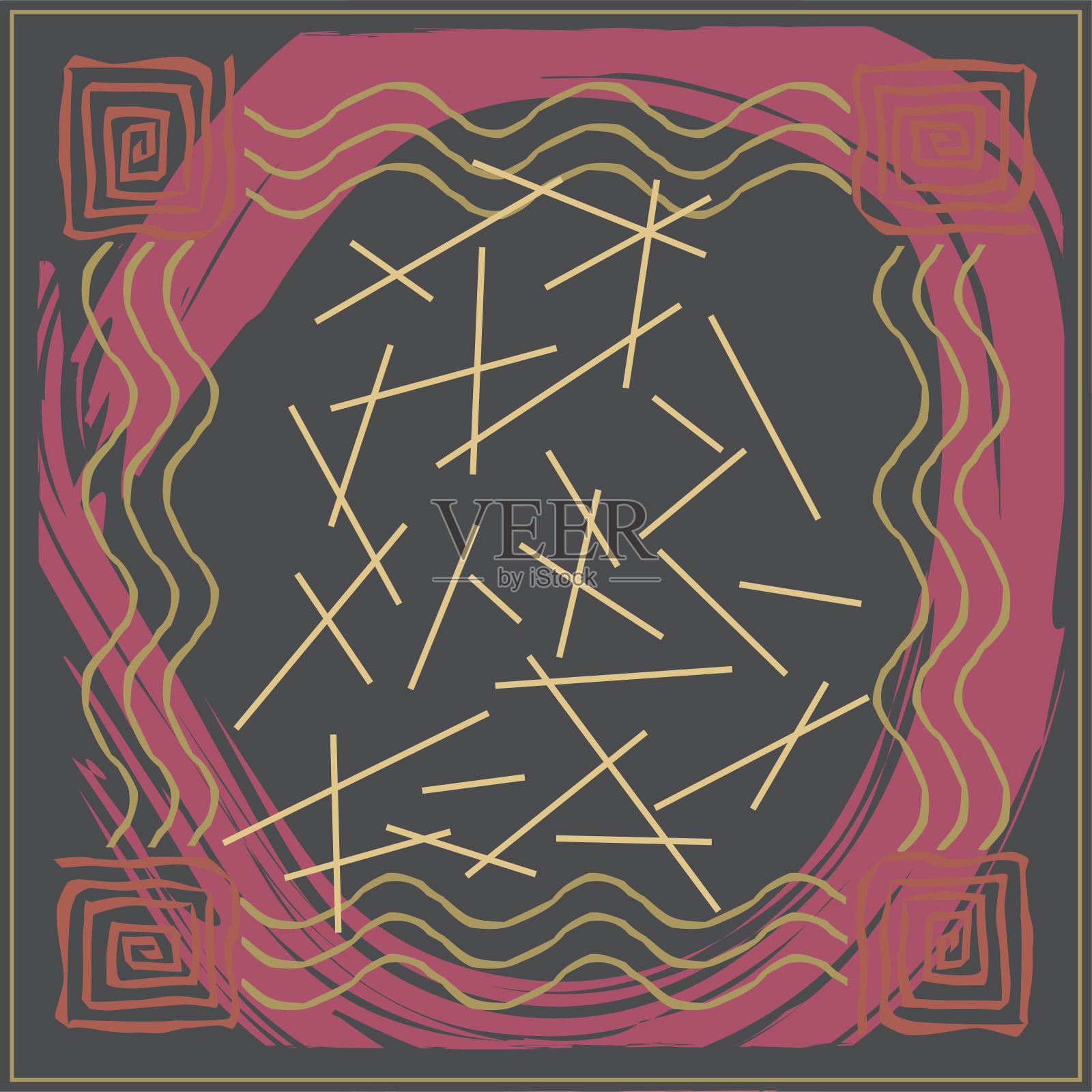 抽象的头巾和毛毯的围巾图案设计。希贾布围巾用喷墨刷和叶子印刷制作。插画图片素材