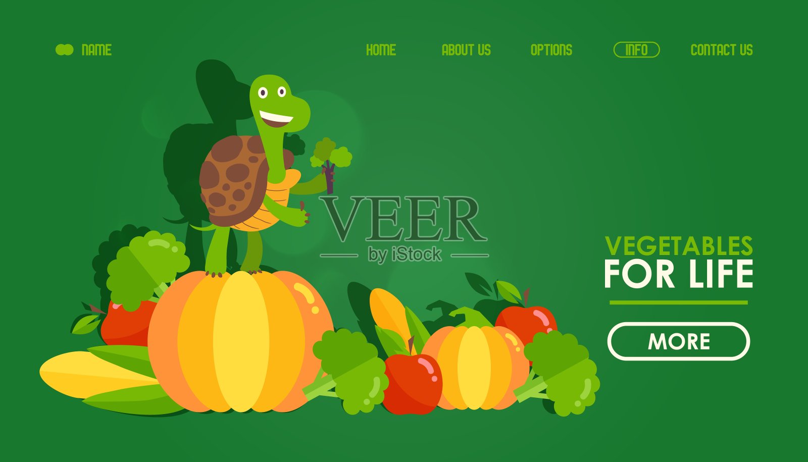 蔬菜健康食品网站设计，矢量插图。登陆页面模板与海龟卡通人物。在线食品商店配送。扁形蔬菜设计模板素材