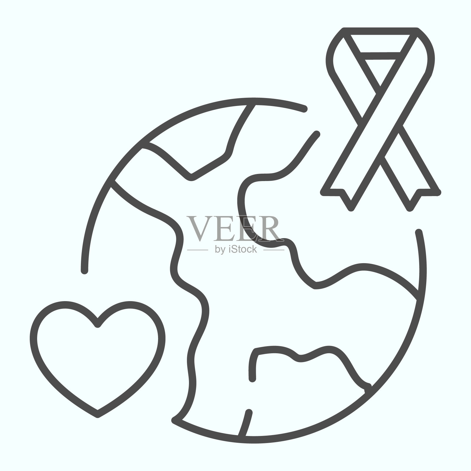 全球慈善细线图标。世界艾滋病日与地球行星矢量插图孤立在白色。符号辅助和心脏在地球行星轮廓风格设计，设计为web和应用程序。Eps 10。插画图片素材